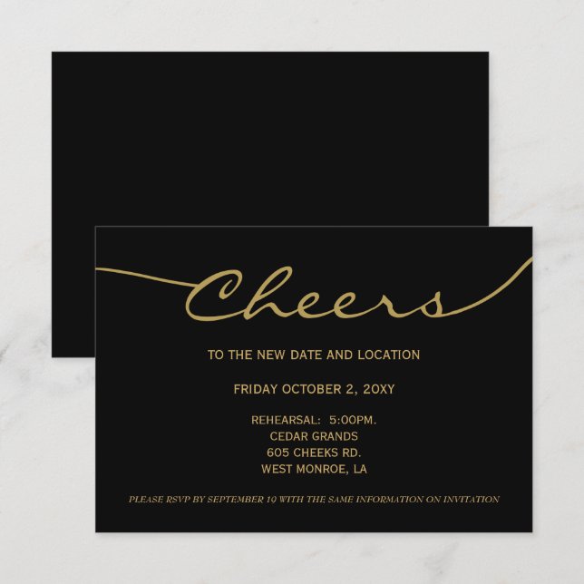 black gold Elegant Script change date Invitation (Front/Back)