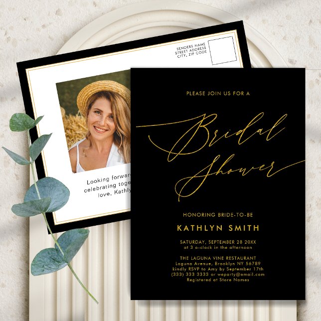 Black Gold Elegant Script Modern Bridal Shower Invitation Postcard (Creator Uploaded)