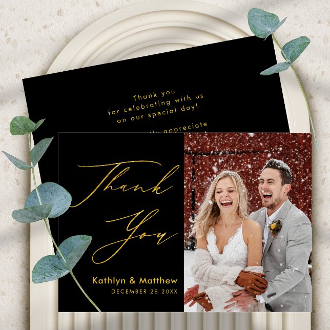 Black Gold Elegant Script Modern Photo Wedding Thank You Card (Creator Uploaded)