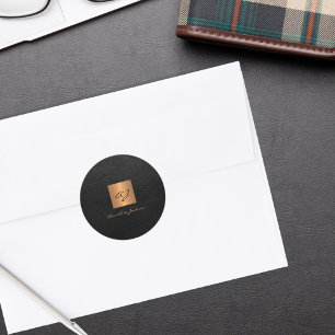 Black gold elegant script monogram name leather classic round sticker