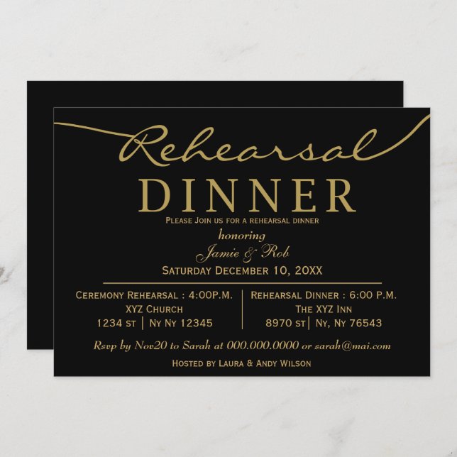 black gold Elegant Script Rehearsal Dinner  Invitation (Front/Back)