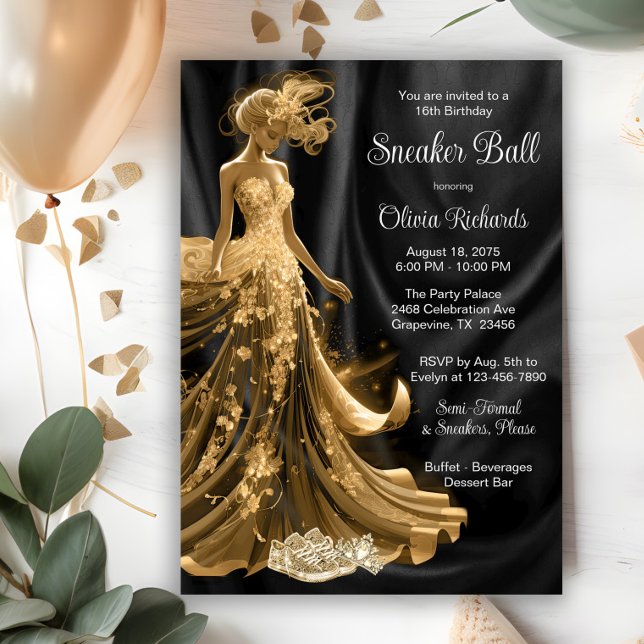 Black Gold Elegant Sneaker Ball  Invitation (Elegant black gold sneaker ball invitation. All text, font and wording can be changed.)