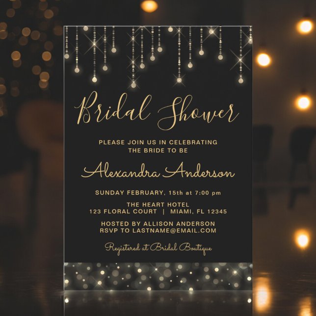 Black Gold Elegant String Lights Bridal Shower Invitation (Creator Uploaded)