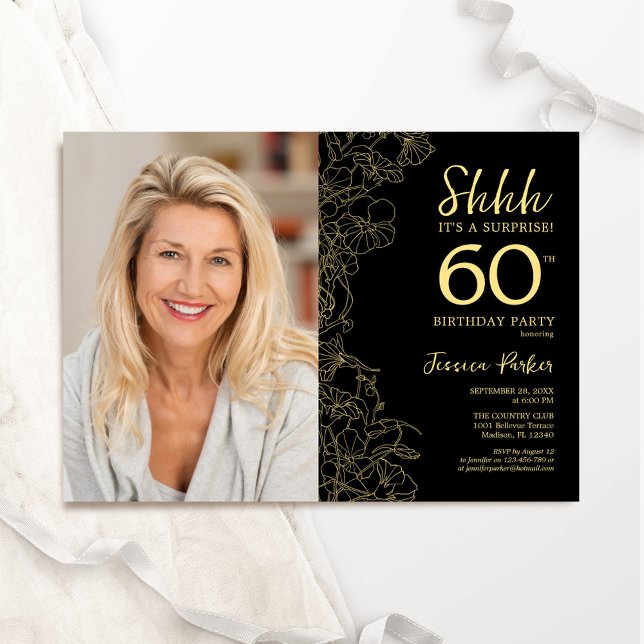 Black Gold Elegant Surprise Photo 60th Birthday Invitation (Creator Uploaded)