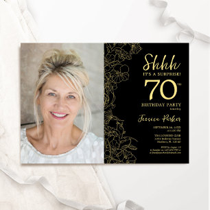 Black Gold Elegant Surprise Photo 70th Birthday Invitation