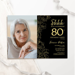 Black Gold Elegant Surprise Photo 80th Birthday Invitation