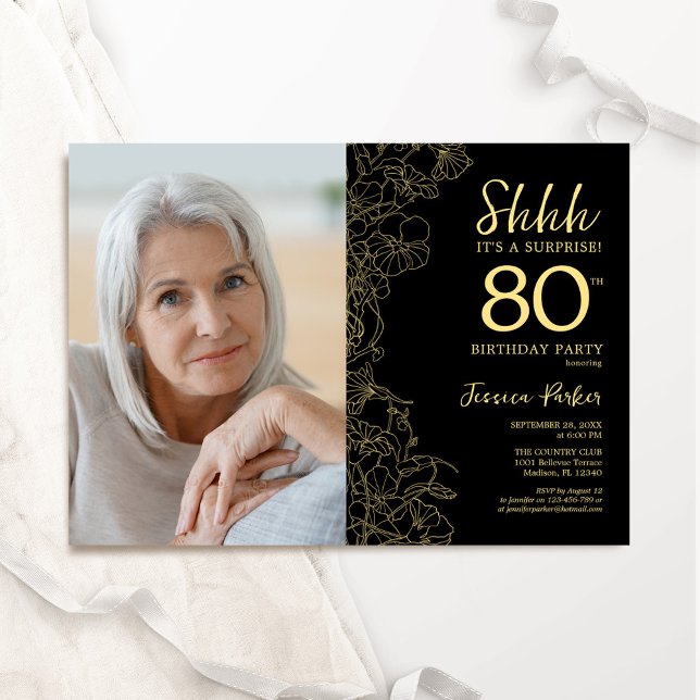 Black Gold Elegant Surprise Photo 80th Birthday Invitation (Creator Uploaded)