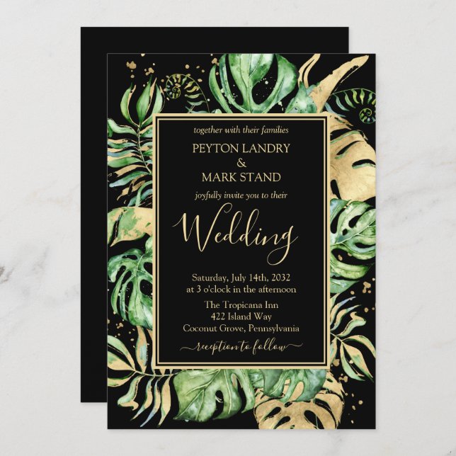 Black & Gold Elegant Tropical Foliage Wedding Invitation (Front/Back)