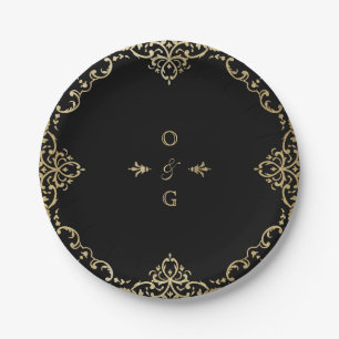 Black & gold elegant vintage wedding monogram paper plate