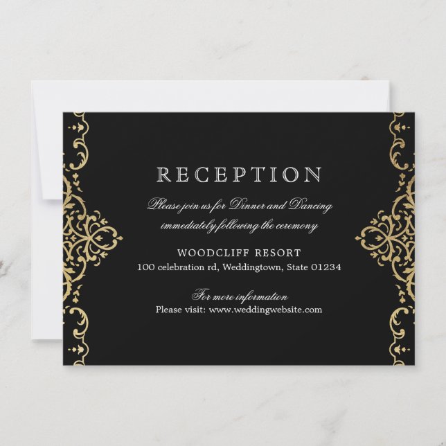 Black & gold elegant vintage wedding reception invitation (Front)