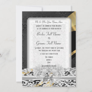 Black gold elegant white lace wedding invitation