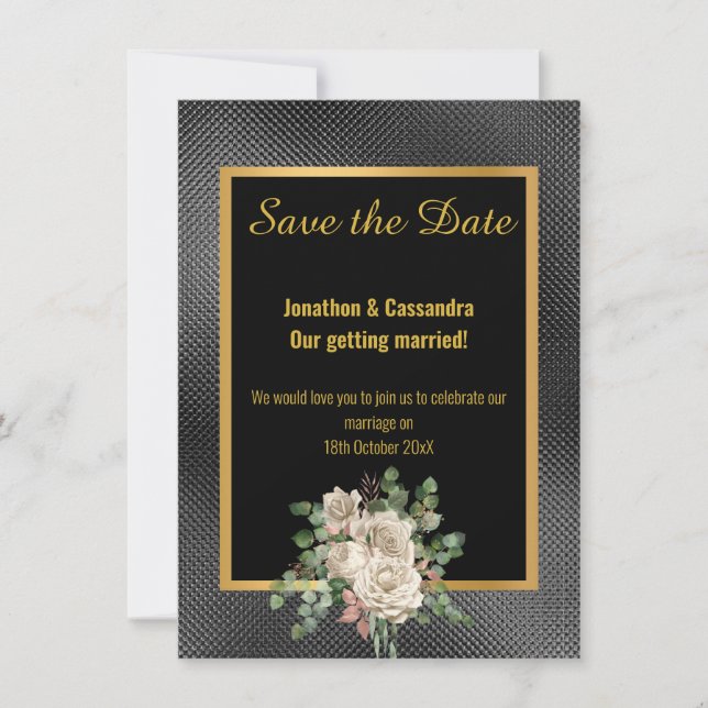 BLACK GOLD EMBOSSED ROSE EUCALYPTUS SAVE THE DATE (Front)