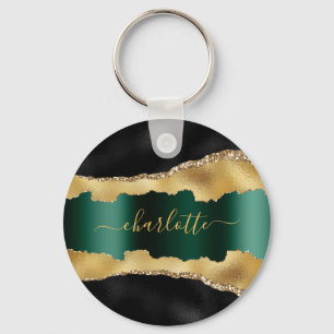 Black gold emerald green agate marble name script key ring