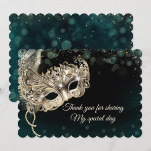 Black Gold Emerald Masquerade Party Thank You Card