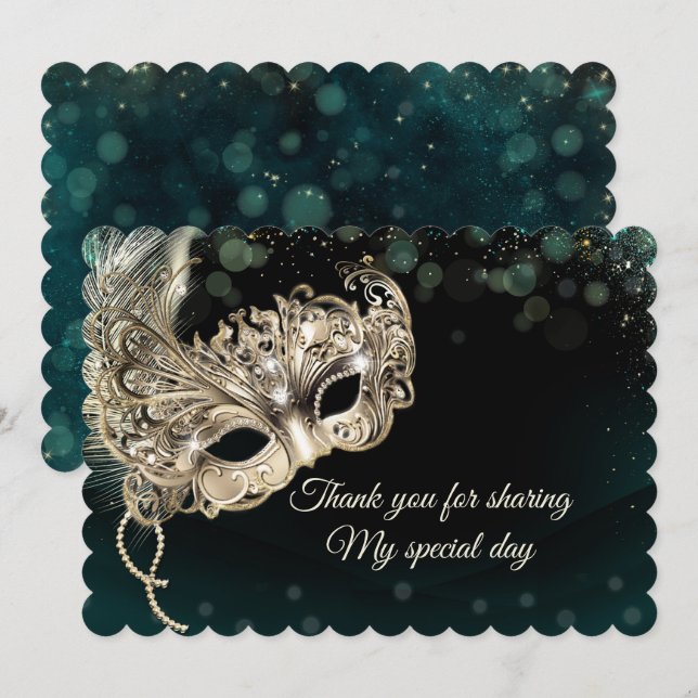 Black Gold Emerald Masquerade Party Thank You Card (Front/Back)