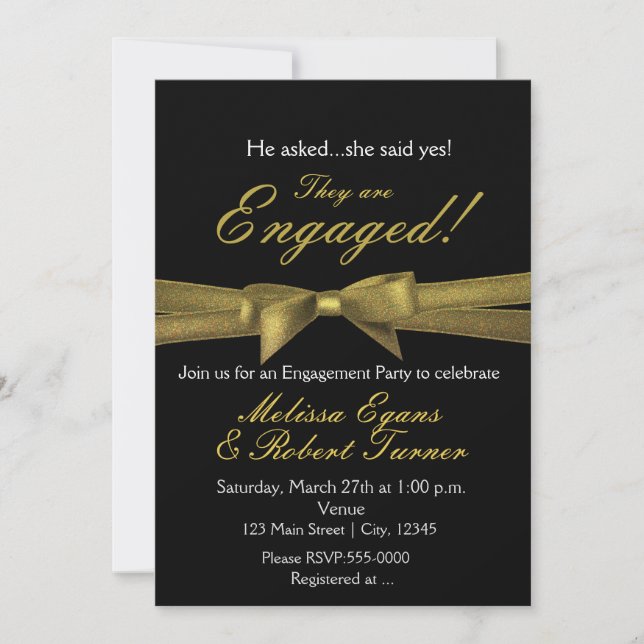 Black & Gold Engagement Chic Bow Party Invitation (Front)