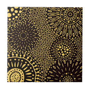 Black Gold Ethnic Floral Pattern Ceramic Tile