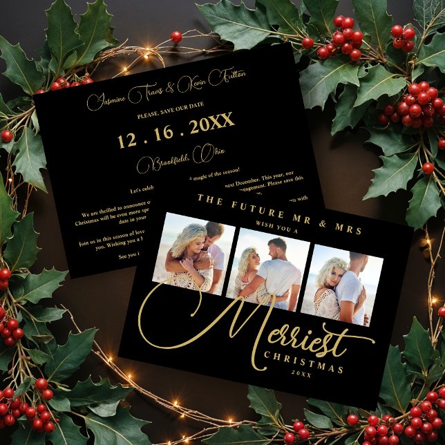 Black Gold Exquisite Wedding Christmas 3 Photos Save The Date (Exquisite Modern Wedding Christmas 3 Photos in Fake Gold and Black Holiday Cards.)