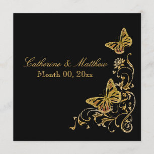 Black gold fall wedding butterfly theme invitation