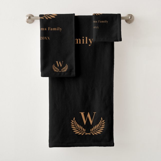 Black gold family monogram initial bath towel set (Insitu)