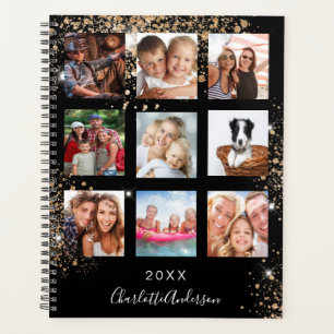Black gold family photo collage monogram 2023 planner