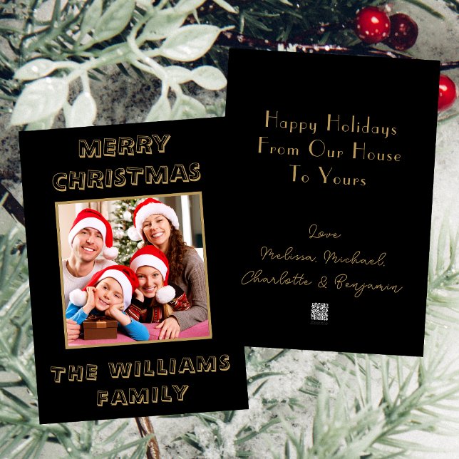Black & Gold Family Photo | Merry Christmas Holiday Card (Front And Back)
