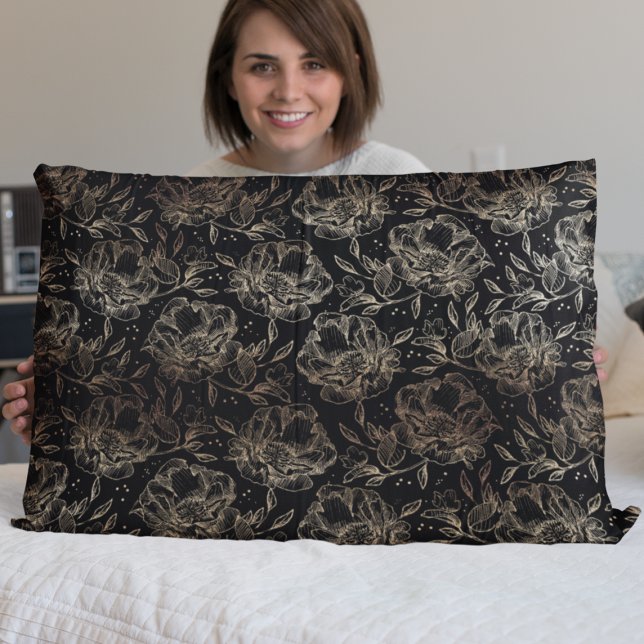 Black Gold Faux Elegant Florals Wedding Gift Pillowcase (Creator Uploaded)