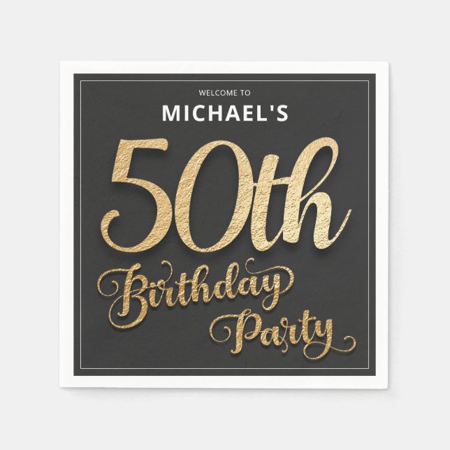 Black Gold Faux Foil Custom Elegant 50th Birthday  Napkin (Front)