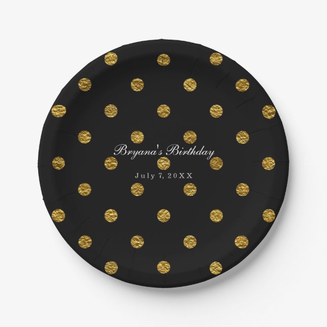 Black & Gold Faux Foil Polka Dots Party Plates (Front)
