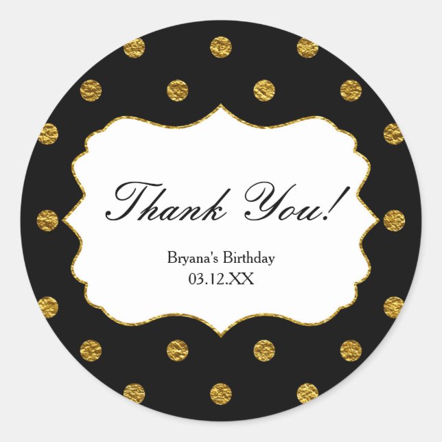 Black & Gold Faux Foil Polka Dots Party Stickers (Front)