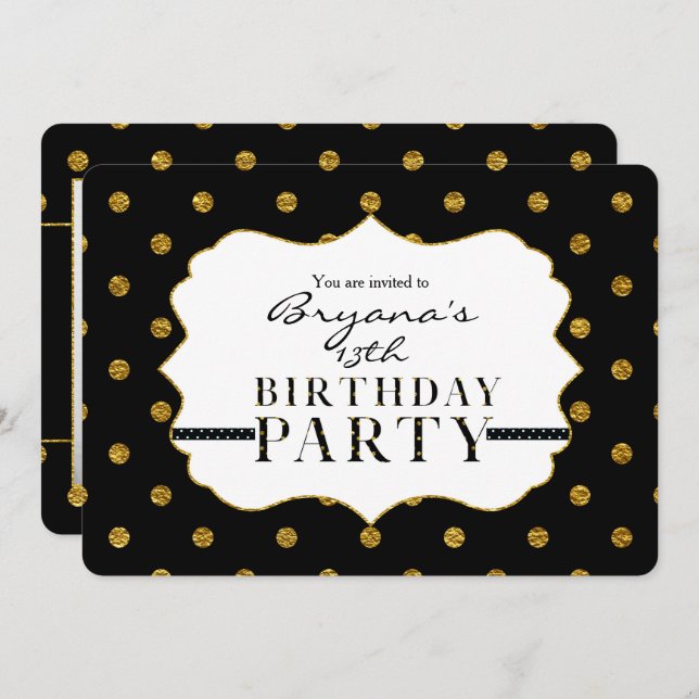 Black & Gold Faux Foil Polka Dots Photo Invitation (Front/Back)