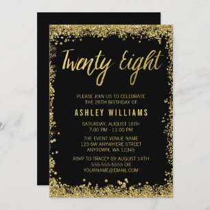 Black Gold Faux Glitter 28th Birthday Invitations