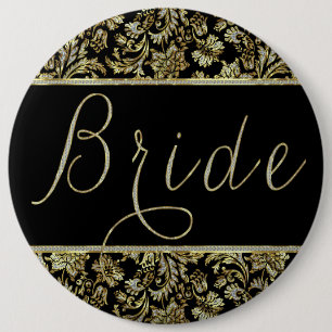 Black, Gold & Faux Glitter Damasks Bride Text 6 Cm Round Badge