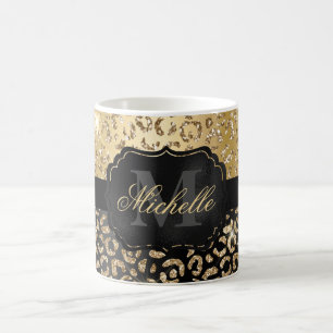 Black & Gold Faux Glitter Glam Leopard Spots Print Coffee Mug