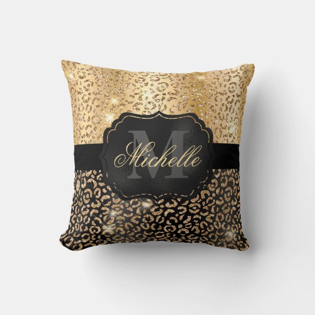 Black & Gold Faux Glitter Glam Leopard Spots Print Cushion (Front)