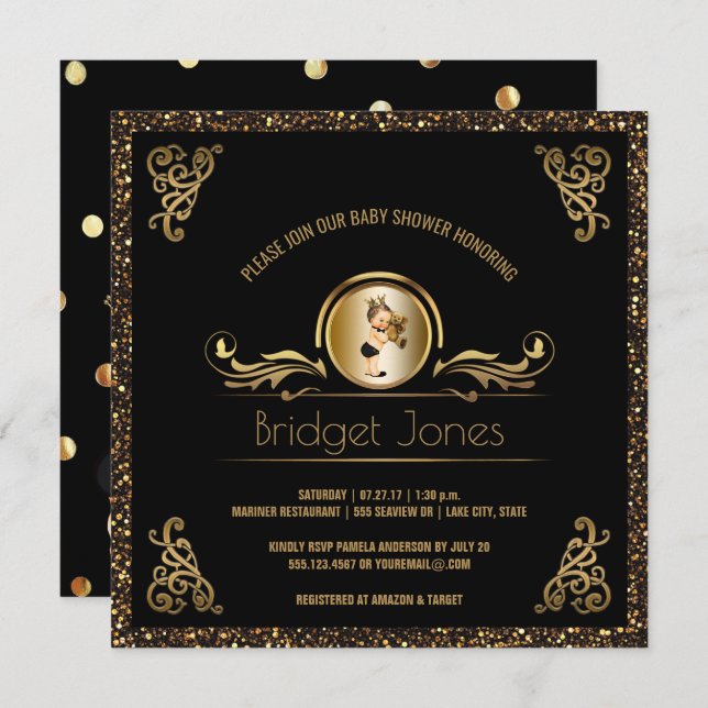 Black Gold Faux Glitter Prince Boy Baby Shower Invitation (Front/Back)