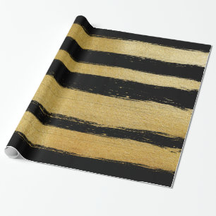 Black gold faux leaf modern brushstrokes stripes wrapping paper