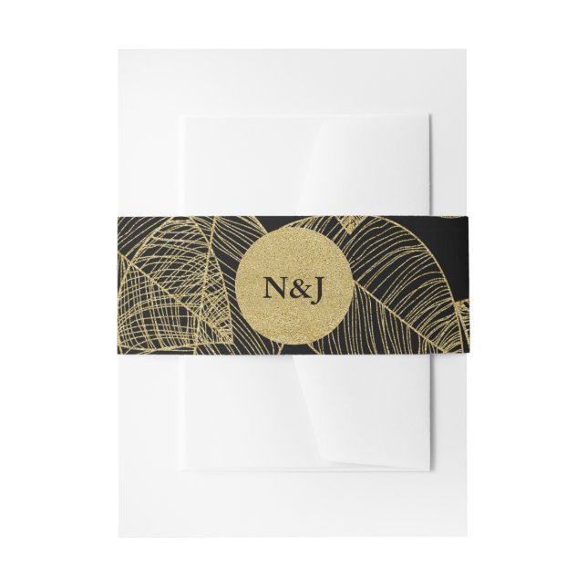 Black & Gold Faux Leaves Modern Wedding Invitation Belly Band (Front Example)