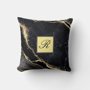 Black Gold Faux Marble Pretty Elegant Monogram Cushion