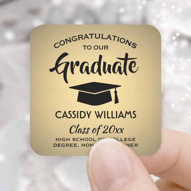 Black Gold Faux Metallic Class Year Graduation Square Sticker (Creator Uploaded)