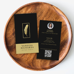 Black & Gold Feather Design Notary QR Code Business Card