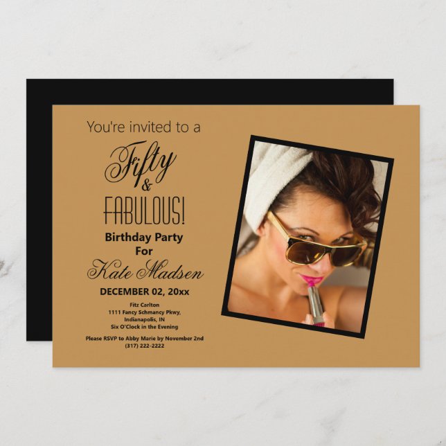 Black & Gold Fifty & FABULOUS! Birthday Party Invitation (Front/Back)