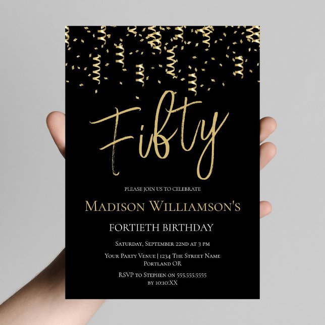 Black & Gold Fifty Minimal 50th Birthday Party   Invitation (Creator Uploaded)