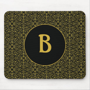 Black & Gold Filigree Monogram Mouse Pad