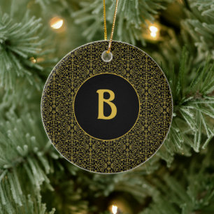 Black & Gold Filigree Monogram Personalised Ceramic Ornament