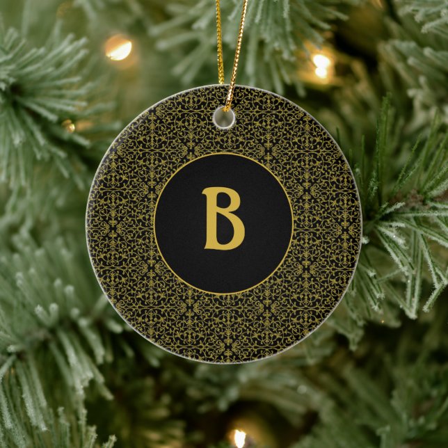 Black & Gold Filigree Monogram Personalised Ceramic Ornament (Tree)