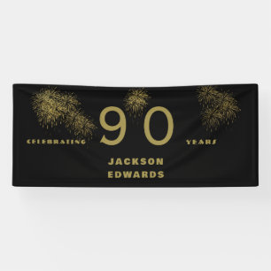Black & Gold Fireworks 90th Black Birthday Party Banner
