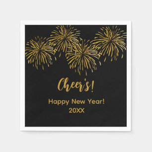 Black Gold Fireworks Happy New Year Party  Napkin