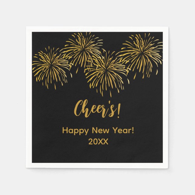Black Gold Fireworks Happy New Year Party  Napkin (Front)