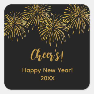 Black Gold Fireworks Happy New Year Party Square Sticker
